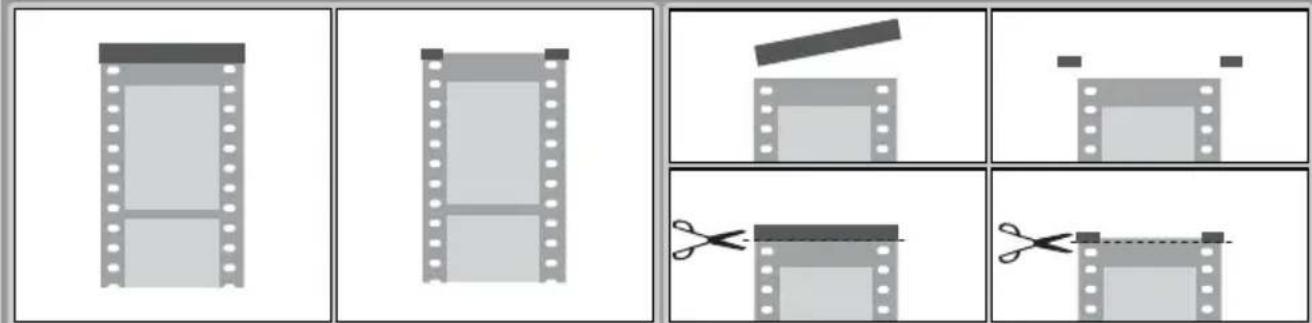 Sequence of film strip illustrations showing folding and cutting process with scissors, labeled in Chinese.