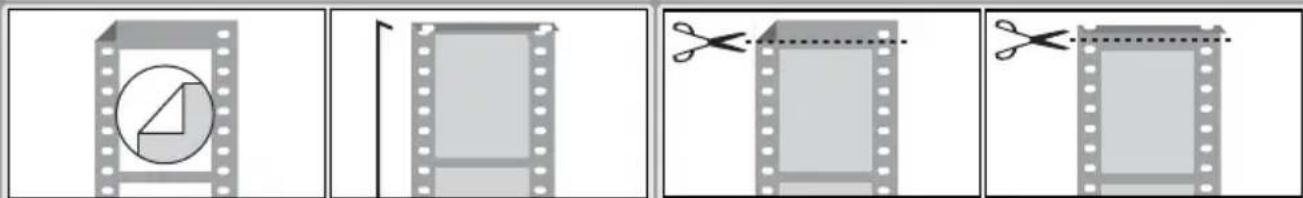 Four-panel diagram illustrating a film strip being cut with scissors, showing a folding view and edge marking.