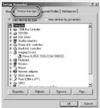 System Properties Design Device Manage Purchase Pictures Retrosion View Devices by Type View devices by connection Computer 1304 Bus Controller CDROM Disk drive Display adapters Copy disk controllers Host disk controllers Imaging Device Nikon SUPER COOLSCAN 5000ED Keyboard Mouse Network adapters Other devices Parts [COM & LPT] IBP2 Properties Refresh Reserve Print... OK Cancel