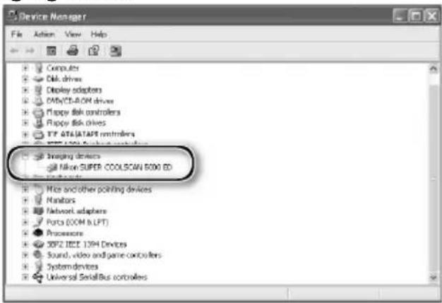 Device Manager File Action View Help Computers Disk drives Display adapters OMV/CE-50N drives Flappy disk controllers Flappy disk drives FTP OTA/ATAPI controllers Image devices Nikon SUPER COOLSCAN 5000 ED Mice and other pointing devices Nanators Network adapters Ports (COM & LPT) Processors SDF2 IEEE 13PH Devices Sound, video and game controllers System devices Universal SerialBus controllers