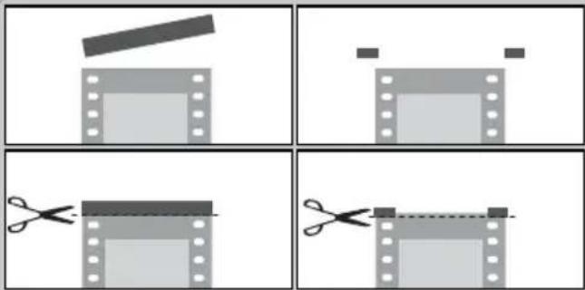 Four-panel image showing a film strip being cut with scissors, illustrating the process of cutting or trimming.