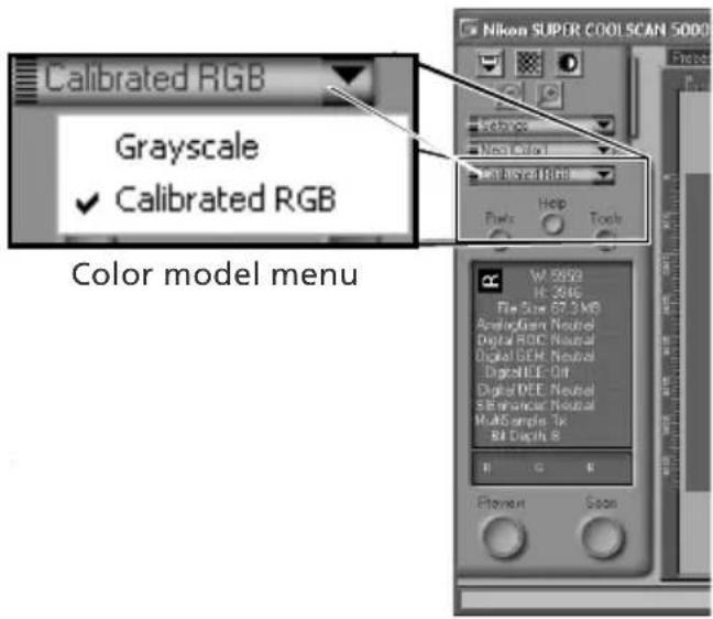 Calibrated RGB Grayscale ✓ Calibrated RGB Color model menu Nikon SUPER COOL SCAN 5000 File Size: 87.3 MB Audio/Gray Neutral Digital RGB Neutral Digital BEM Neutral Digital NEE Off Digital DEE Neutral BEM Neutral Neutral MultiSample Tx BI Depth 8 F G H Element Space