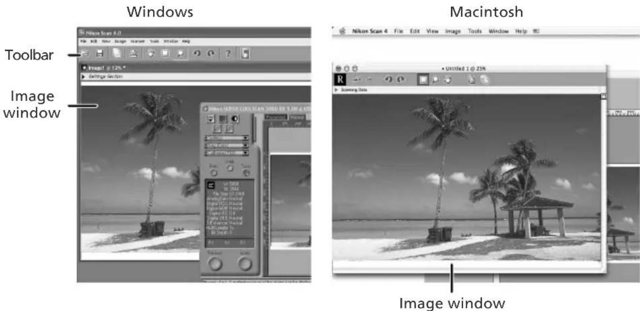 Windows Toolbar Image window Macintosh Nikon Scan 4 File Edit View Image Tools Window Help Untitled 2 @ 23% Scanning Date Image window