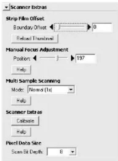 Scanner Extras Strip Film Offset Boundary Offset 0 Reload Thumbnail Manual Focus Adjustment Position 197 Help Multi Sample Scanning Mode: Normal (1x) Help Scanner Extras Colibrate Help Pixel Data Size Scan Bit Depth: 8