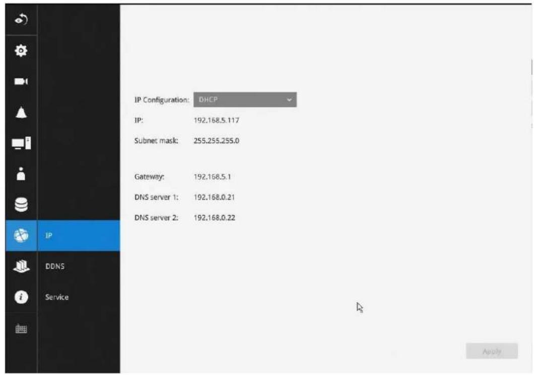IP Configuration: DHCP IP: 192.168.5.117 Subnet mask: 255.255.255.0 Gateway: 192.168.5.1 DNS server 1: 192.168.0.21 DNS server 2: 192.168.0.22 DDNS Service Apply