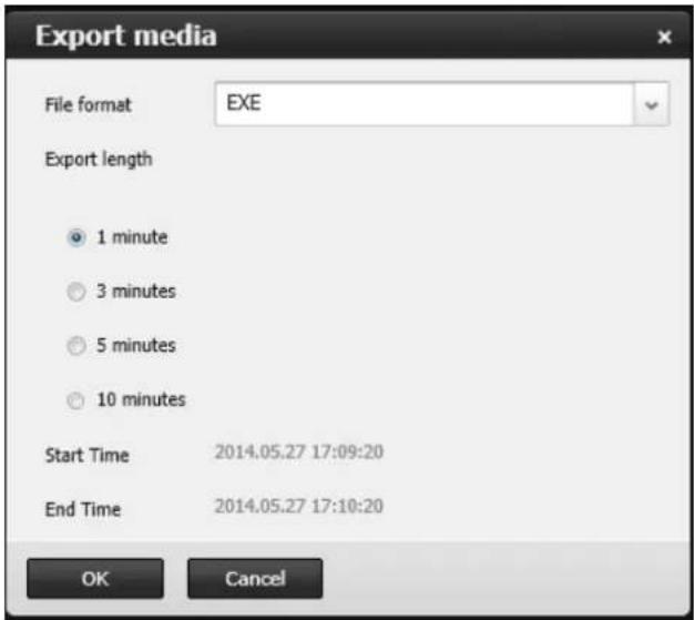 Export media File format EXE Export length 1 minute 3 minutes 5 minutes 10 minutes Start Time 2014.05.27 17:09:20 End Time 2014.05.27 17:10:20 OK Cancel