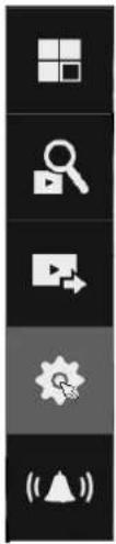 Vertical toolbar with six function icons: grid, magnifying glass, play button, gear, alarm, and signal