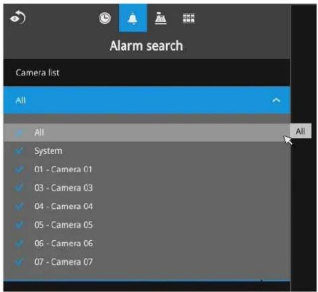 Alarm search Camera list All All System 01 - Camera 01 03 - Camera 03 04 - Camera 04 05 - Camera 05 06 - Camera 06 07 - Camera 07