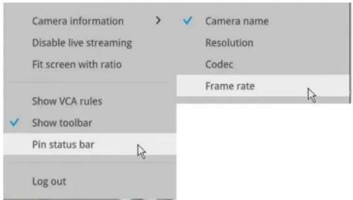 Camera information Disable live streaming Fit screen with ratio Show VCA rules Show toolbar Pin status bar Log out Camera name Resolution Codec Frame rate