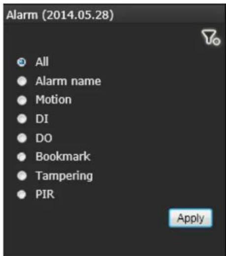 Alarm (2014.05.28) All • Alarm name • Motion • DI • DO • Bookmark • Tampering • PIR Apply