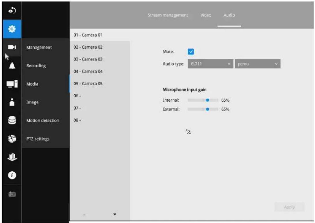 Stream management Video Audio 01 - Camera 01 Management 02 - Camera 02 03 - Camera 03 Recording 04 - Camera 04 Media 05 - Camera 05 Image 06 - 07 - Motion detection 08 - PTZ settings Mute: Audio type: G.711 pcmu Microphone input gain Internal: 65% External: 65% Apply