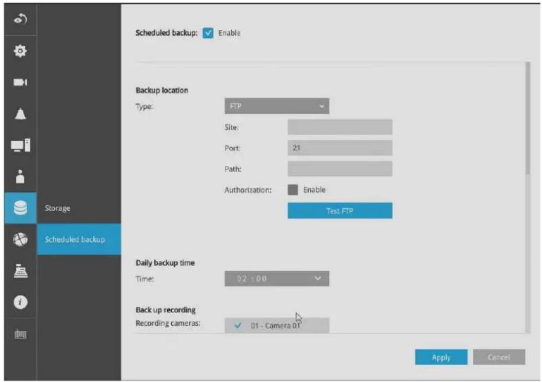 Scheduled backup: ✓ Enable Backup location Type: FTP Site: Port: 21 Path: Authorization: ✓ Enable Test FTP Daily backup time Time: 02 : 00 Back up recording Recording cameras: ✓ 01 - Camera 01 Apply Cancel