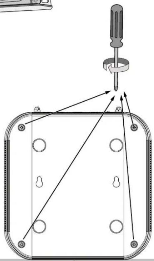 Technical diagram showing a screwdriver inserted into a rectangular panel with labeled components and directional arrows indicating assembly or alignment.