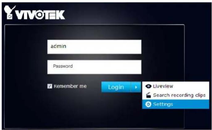 VIVOTEK admin Password Remember me Login Liveview Search recording clips Settings