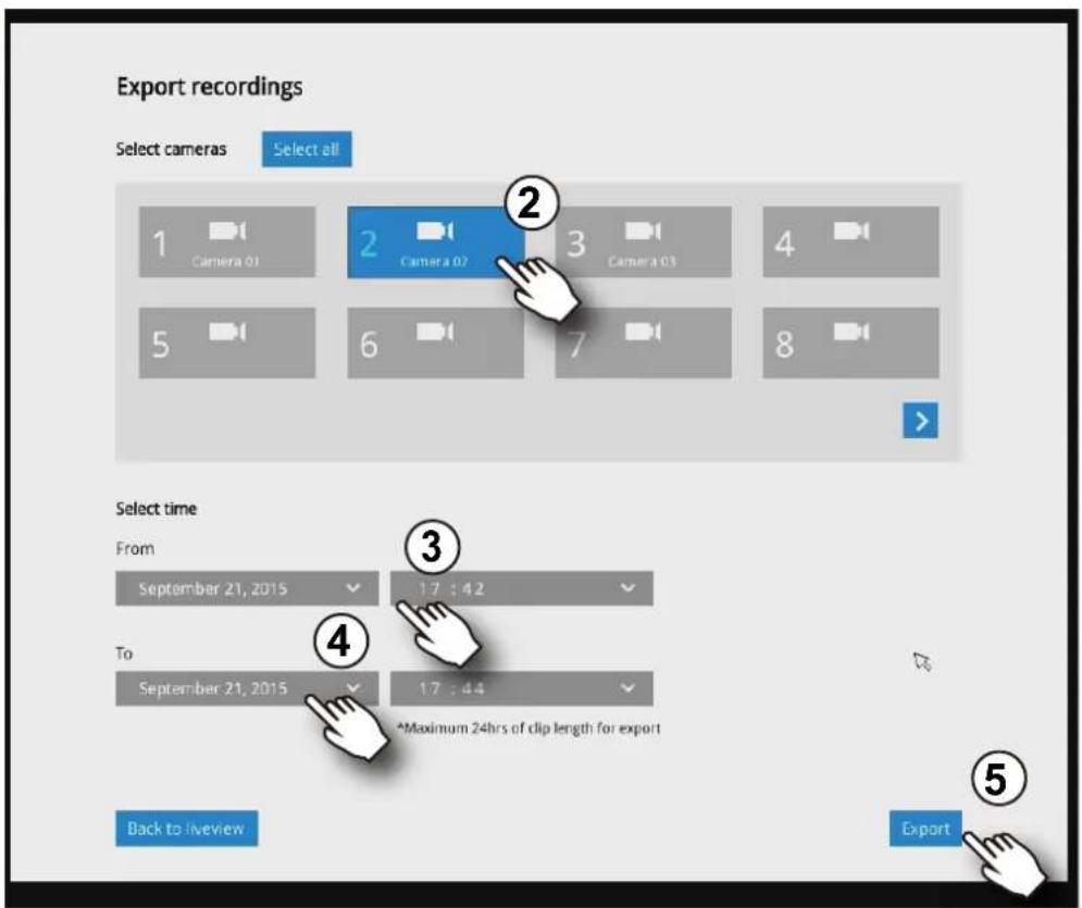 Export recordings Select cameras Select all 1 Camera 01 2 Camera 02 3 Camera 03 4 5 6 7 8 Select time From September 21, 2015 17:42 To September 21, 2015 17:44 *Maximum 24hrs of clip length for export Back to liveview Export