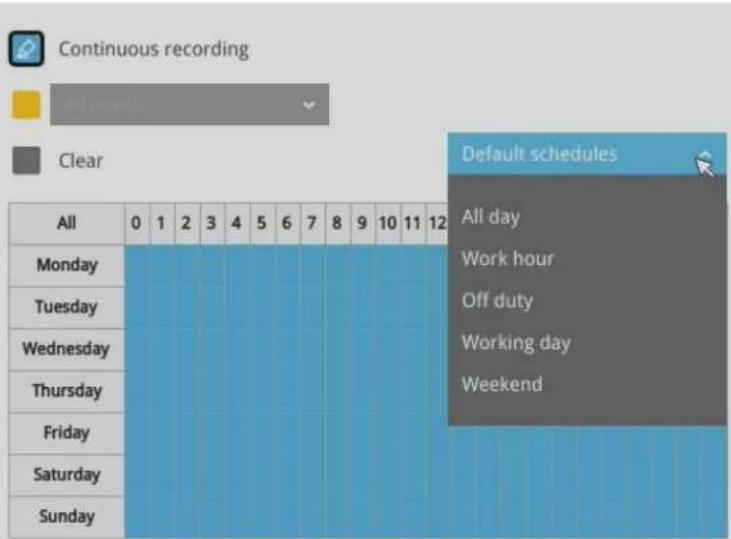 Continuous recording Clear Default schedules All day Work hour Off duty Working day Weekend All Monday Tuesday Wednesday Thursday Friday Saturday Sunday