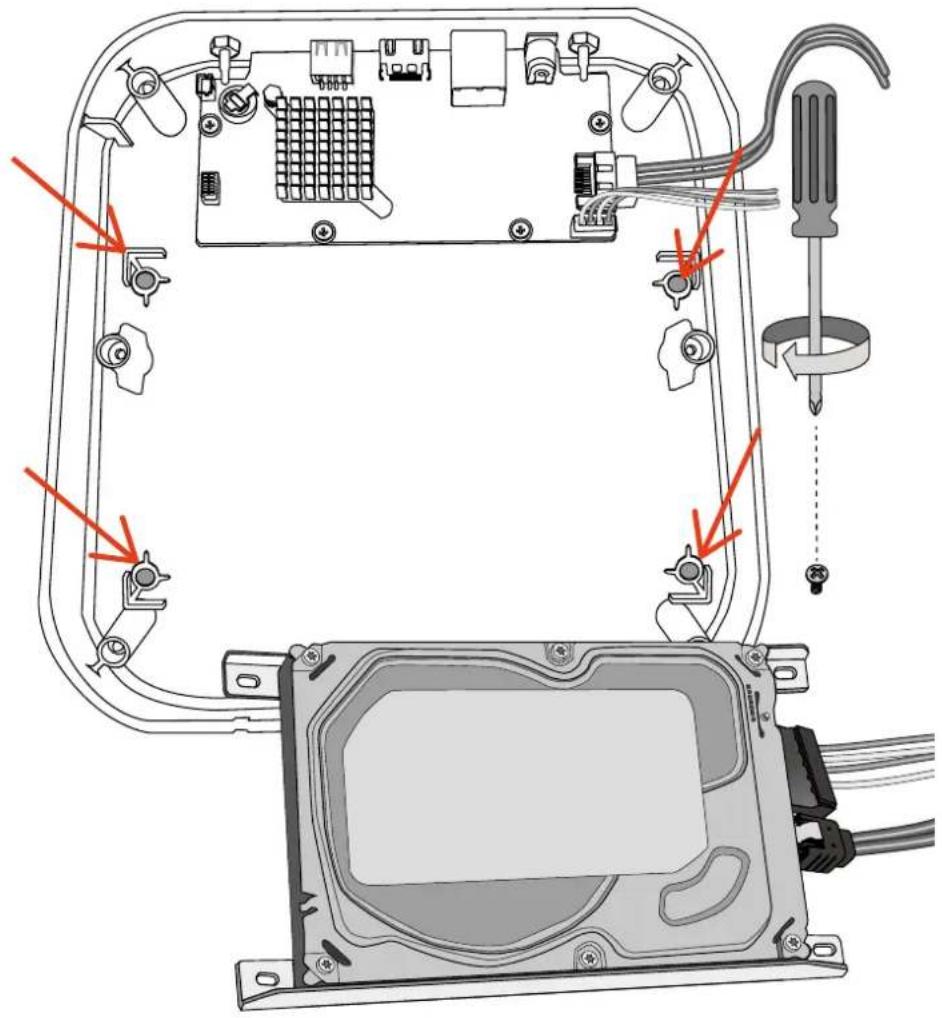 Technical diagram showing installation of an electronic device with labeled components and red arrows indicating assembly or connection points.