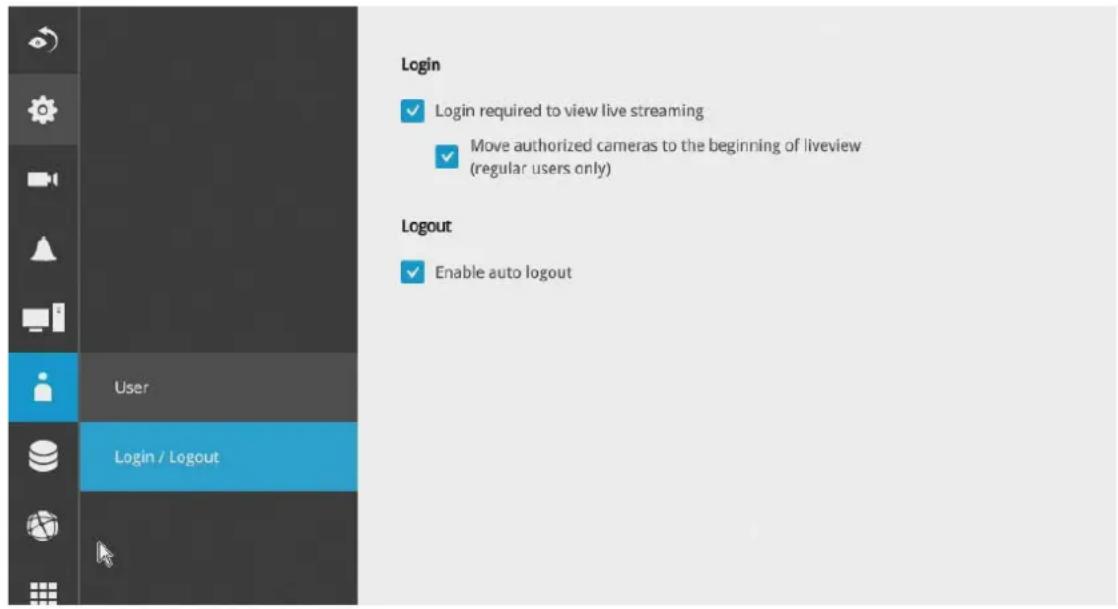 Login ✓ Login required to view live streaming ✓ Move authorized cameras to the beginning of liveview (regular users only) Logout ✓ Enable auto logout User Login / Logout
