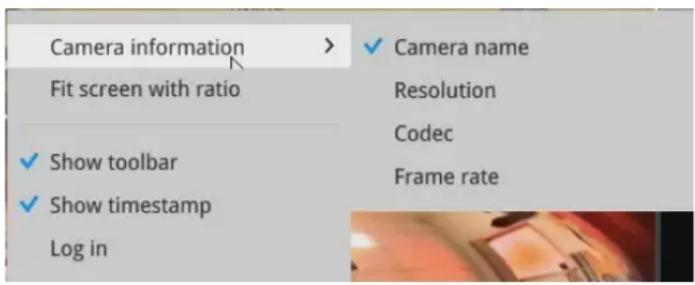 Camera information Fit screen with ratio ✓ Show toolbar ✓ Show timestamp Log in ✓ Camera name Resolution Codec Frame rate