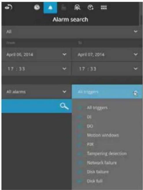 Alarm search All From April 06, 2014 17 : 33 April 07, 2014 17 : 33 All alarms All triggers All triggers DI DO Motion windows PIR Tampering detection Network failure Disk failure Disk full