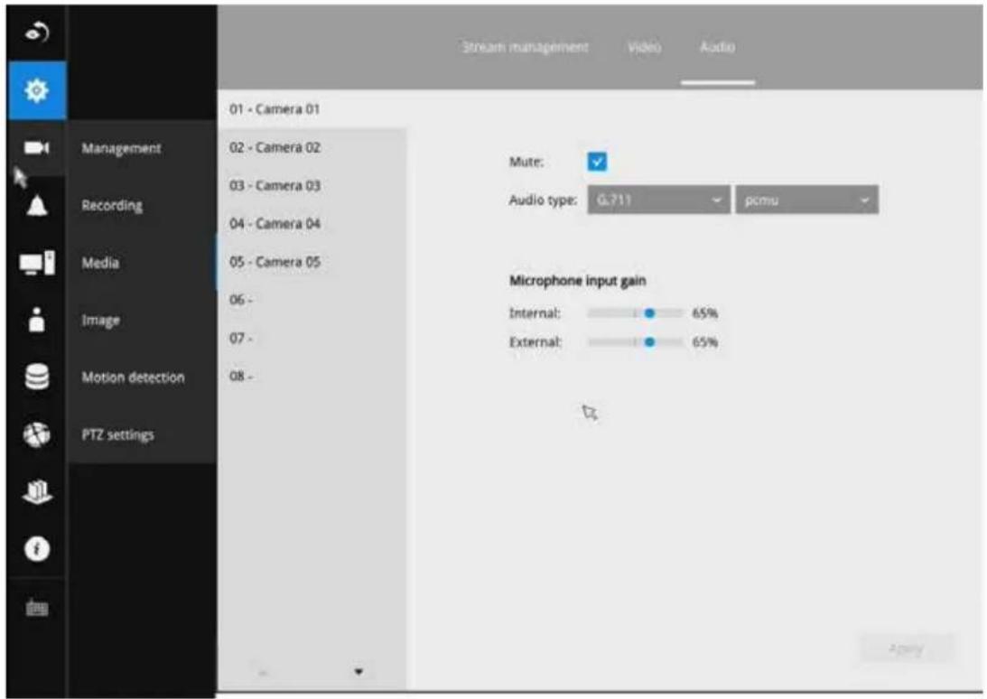 Stream management Video Audio 01 - Camera 01 02 - Camera 02 03 - Camera 03 04 - Camera 04 05 - Camera 05 06 - 07 - 08 - Mute: Audio type: G.711 pcmu Microphone input gain Internal: 65% External: 65%