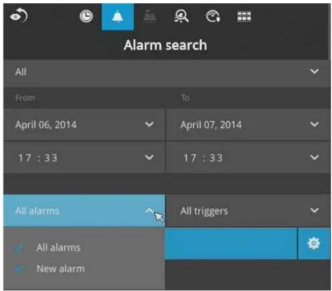 Alarm search All From To April 06, 2014 April 07, 2014 17 : 33 17 : 33 All alarms All triggers All alarms New alarm