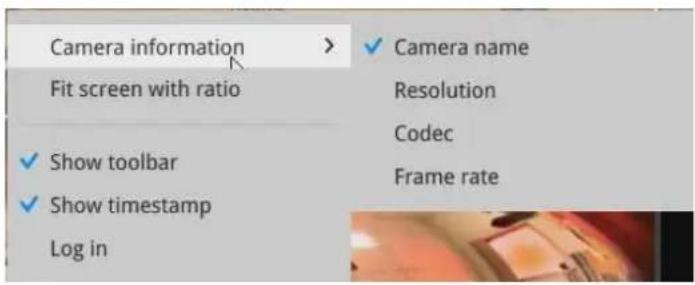 Camera information Fit screen with ratio ✓ Show toolbar ✓ Show timestamp Log in ✓ Camera name Resolution Codec Frame rate