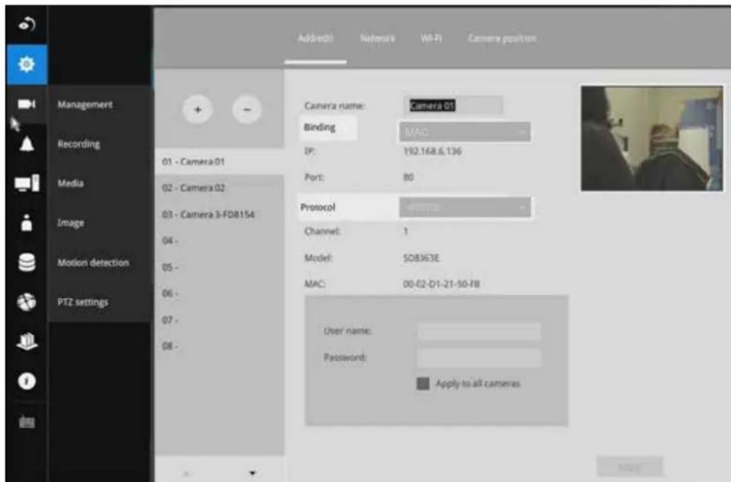 Managemert Recording Media Image Motion detection PTZ settings 01 - Camera 01 02 - Camera 02 03 - Camera 3-F08154 04 - 05 - 06 - 07 - 08 - Added(0) Networks Wi-Fi Camera position Camera name: Camera 01 Binding MAC IP: 192.168.6.136 Port: 80 Protocol Channel: 1 Model: 50B363E MAC: 00-02-D1-21-SO-FII User name: Password: Apply to all cameras.