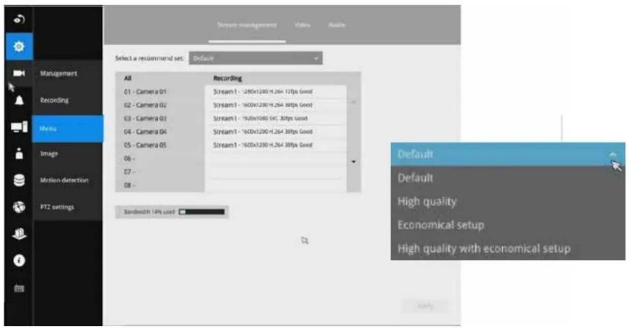 Select a recommend set: Default All Recording 01 - Camera 01 Scream 1 - 1280x1280 H.264 12fps Good 02 - Camera 02 Scream 1 - 1600x1280 H.264 38fps Good 03 - Camera 03 Scream 1 - 1500x1080 SVC 38fps Good 04 - Camera 04 Scream 1 - 1600x1280 H.264 38fps Good 05 - Camera 05 Scream 1 - 1600x1280 H.264 38fps Good 06 - Scream 1 - 1600x1280 H.264 38fps Good 07 - Scream 1 - 1600x1280 H.264 38fps Good 08 - Bambwidth 14% used Default Default High quality Economical setup High quality with economical setup