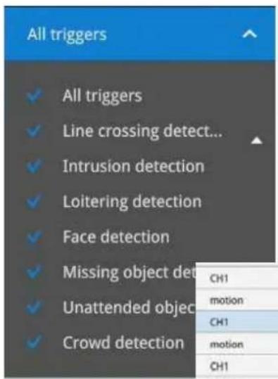 All triggers ✓ All triggers ✓ Line crossing detect... ✓ Intrusion detection ✓ Loitering detection ✓ Face detection ✓ Missing object det ✓ Unattended object ✓ Crowd detection CH1 motion CH1 motion CH1