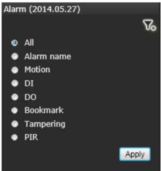 Alarm (2014.05.27) All Alarm name Motion DI DO Bookmark Tampering PIR Apply