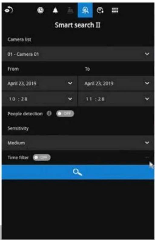 Smart search II Camera list 01 - Camera 01 From To April 23, 2019 April 23, 2019 1.0 : 2.8 1.1 : 2.8 People detection Off Sensitivity Medium Time filter OK
