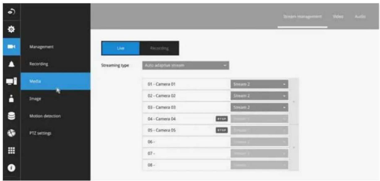 Live Recording Streaming type Auto adaptive stream 01 - Camera 01 Stream 2 02 - Camera 02 Stream 2 03 - Camera 03 Stream 2 04 - Camera 04 #TSP 05 - Camera 05 #TSP 06 - 07 - 08 -
