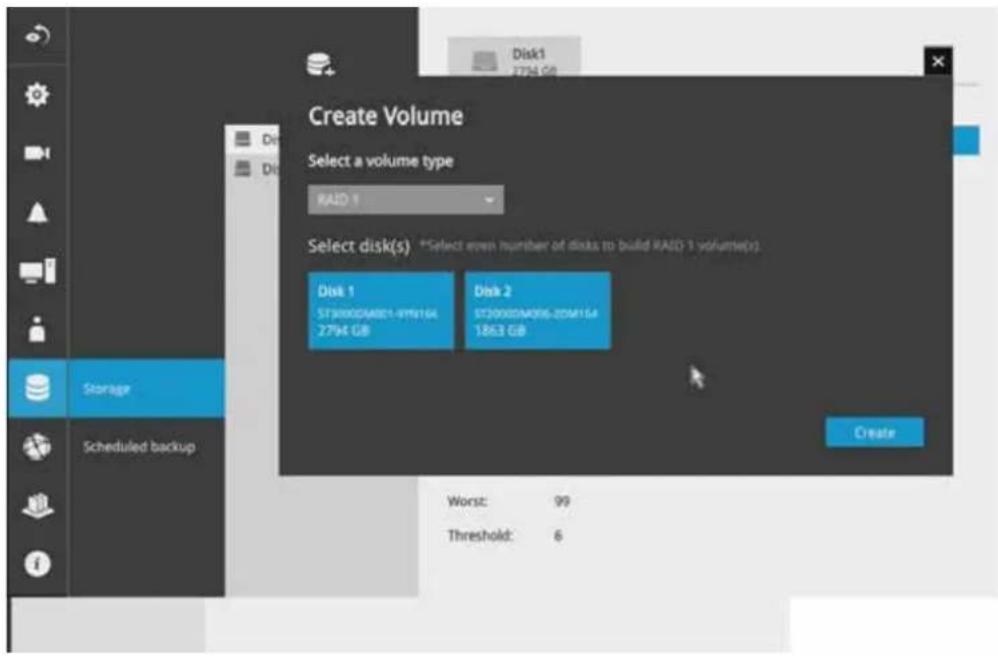 Create Volume Select a volume type RAID 1 Select disk(s) *Select even number of disks to build RAID 3 volume(s). Disk 1 STJ000DM001-PTN164 2794 GB Disk 2 STJ000DM006-2DM164 1863 GB Worst: 99 Threshold: 6 Storage Scheduled backup Create