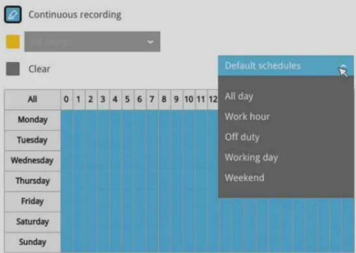 Continuous recording All events Clear Default schedules All day Work hour Off duty Working day Weekend All Monday Tuesday Wednesday Thursday Friday Saturday Sunday
