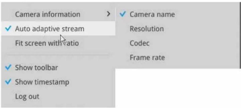 Camera information ✓ Auto adaptive stream Fit screen with ratio ✓ Show toolbar ✓ Show timestamp Log out ✓ Camera name Resolution Codec Frame rate