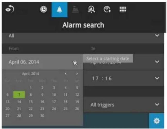 Alarm search All From To April 06, 2014 Select a starting date April 07, 2014 17 : 16 All triggers