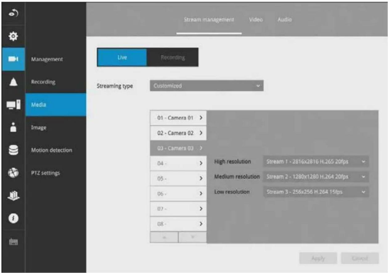 Stream management Video Audio Management Live Recording Recording Media Streaming type Customized 01 - Camera 01 > 02 - Camera 02 > 03 - Camera 03 > 04 - 05 - 06 - 07 - 08 - High resolution Stream 1 - 2816x2816 H.265 20fps Medium resolution Stream 2 - 1280x1280 H.264 20fps Low resolution Stream 3 - 256x256 H.264 15fps Apply Cancel