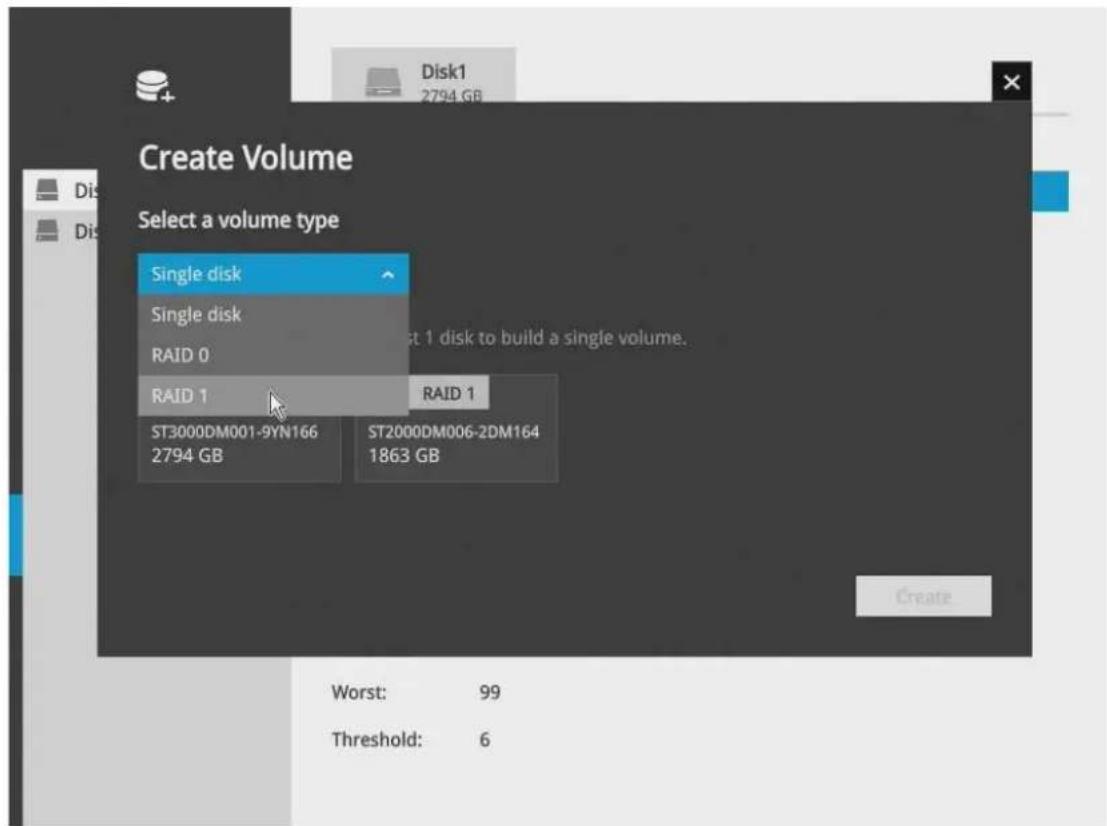 Create Volume Select a volume type Single disk Single disk RAID 0 RAID 1 ST3000DM001-9YN166 2794 GB RAID 1 ST2000DM006-2DM164 1863 GB Worst: 99 Threshold: 6