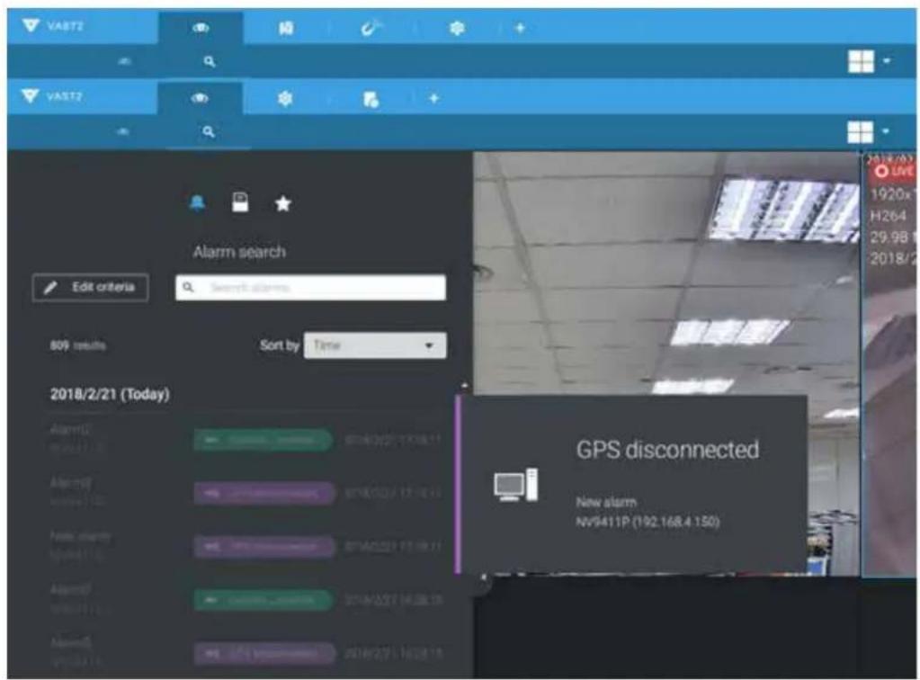 VAST2 VAST2 Alarm search Edit criteria Secret alarms 809 results Sort by Time 2018/2/21 (Today) GPS disconnected New alarm NV9411P (192.168.4 150)