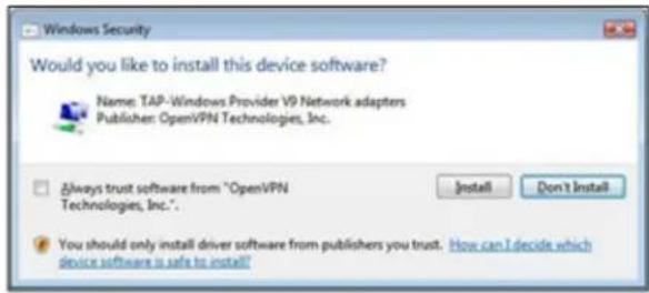Windows Security Would you like to install this device software? Name: TAP-Windows Provider V9 Network adapters Publisher: OpenVPN Technologies, Inc. Always trust software from "OpenVPN Technologies, Inc". You should only install driver software from publishers you trust. How can I decide which device software is safe to install?