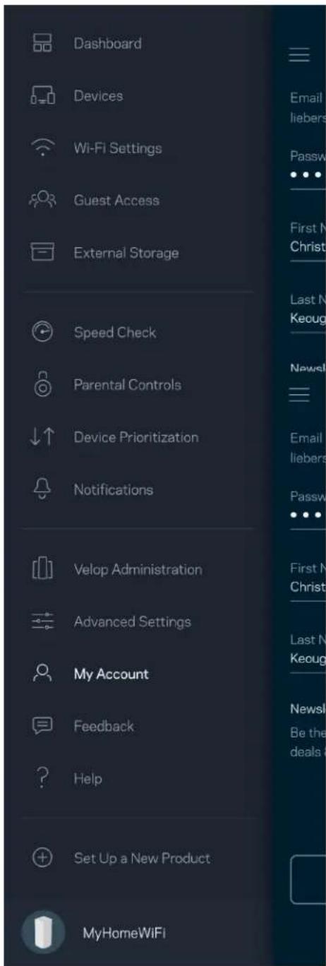 Dashboard Devices Wi-Fi Settings Guest Access External Storage Speed Check Parental Controls Device Prioritization Notifications Velop Administration Advanced Settings My Account Feedback Help Set Up a New Product MyHomeWiFi