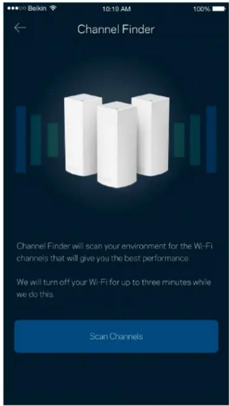 Channel Finder Channel Finder will scan your environment for the Wi-Fi channels that will give you the best performance. We will turn off your Wi-Fi for up to three minutes while we do this. Scan Channels