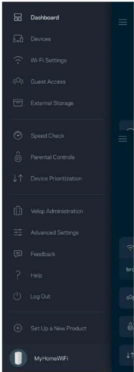 Dashboard Devices Wi-Fi Settings Guest Access External Storage Speed Check Parental Controls Device Prioritization Velop Administration Advanced Settings Feedback Help Log Out Set Up a New Product MyHomeWiFi