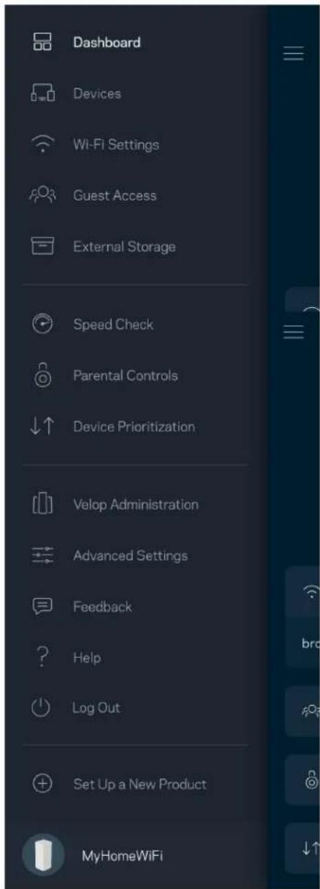Dashboard Devices Wi-Fi Settings Guest Access External Storage Speed Check Parental Controls Device Prioritization Velop Administration Advanced Settings Feedback Help Log Out Set Up a New Product MyHomeWiFi