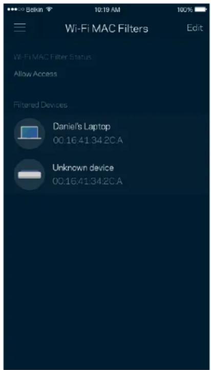 Wi-Fi MAC Filters Edit Wi-Fi MAC Filter Status Allow Access Filtered Devices Daniel's Laptop 00:16:41:34:2CA Unknown device 00:16:41:34:2CA