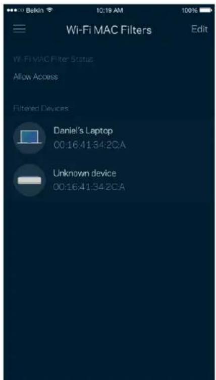 Wi-Fi MAC Filters Edit Wi-Fi MAC Filter Status Allow Access Filtered Devices Daniel's Laptop 00:16:41:34:2C:A Unknown device 00:16:41:34:2C:A
