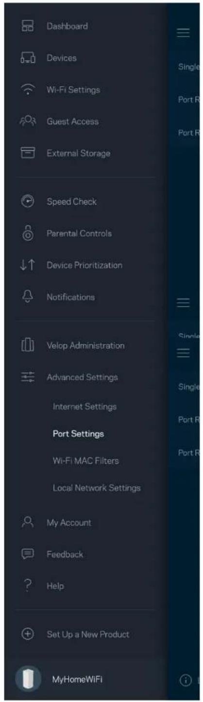 Dashboard Devices Wi-Fi Settings Guest Access External Storage Speed Check Parental Controls Device Prioritization Notifications Velop Administration Advanced Settings Internet Settings Port Settings Wi-Fi MAC Filters Local Network Settings My Account Feedback Help Set Up a New Product MyHomeWiFi