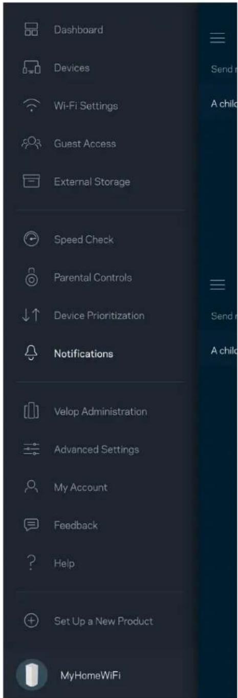Dashboard Devices Wi-Fi Settings Guest Access External Storage Speed Check Parental Controls Device Prioritization Notifications Velop Administration Advanced Settings My Account Feedback Help Set Up a New Product MyHomeWiFi