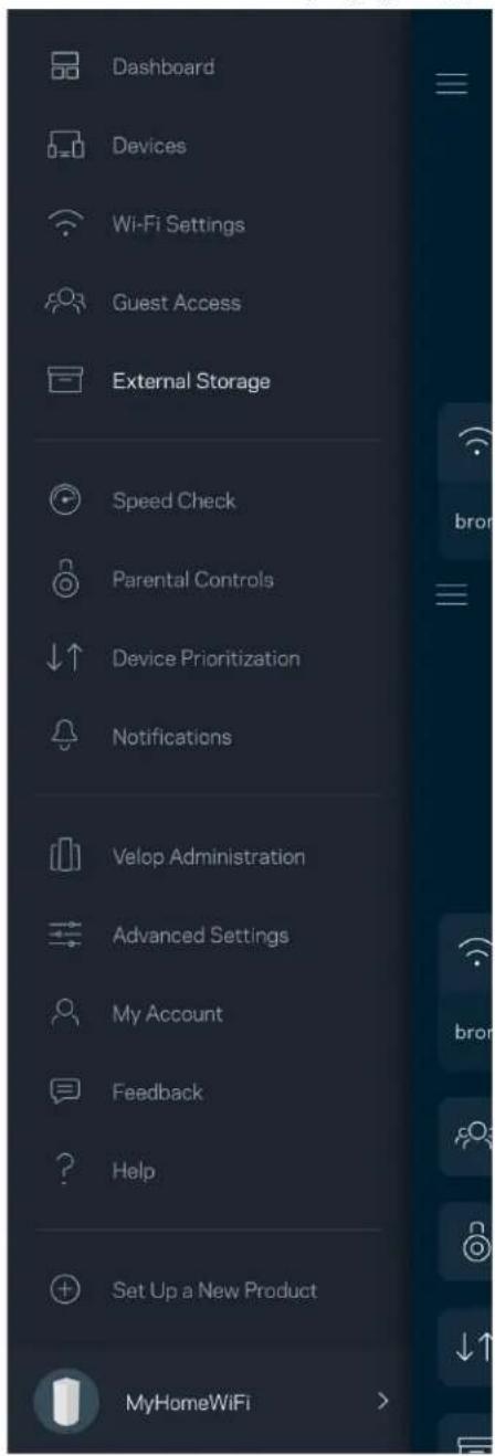 Dashboard Devices Wi-Fi Settings Guest Access External Storage Speed Check Parental Controls Device Prioritization Notifications Velop Administration Advanced Settings My Account Feedback Help Set Up a New Product MyHomeWiFi
